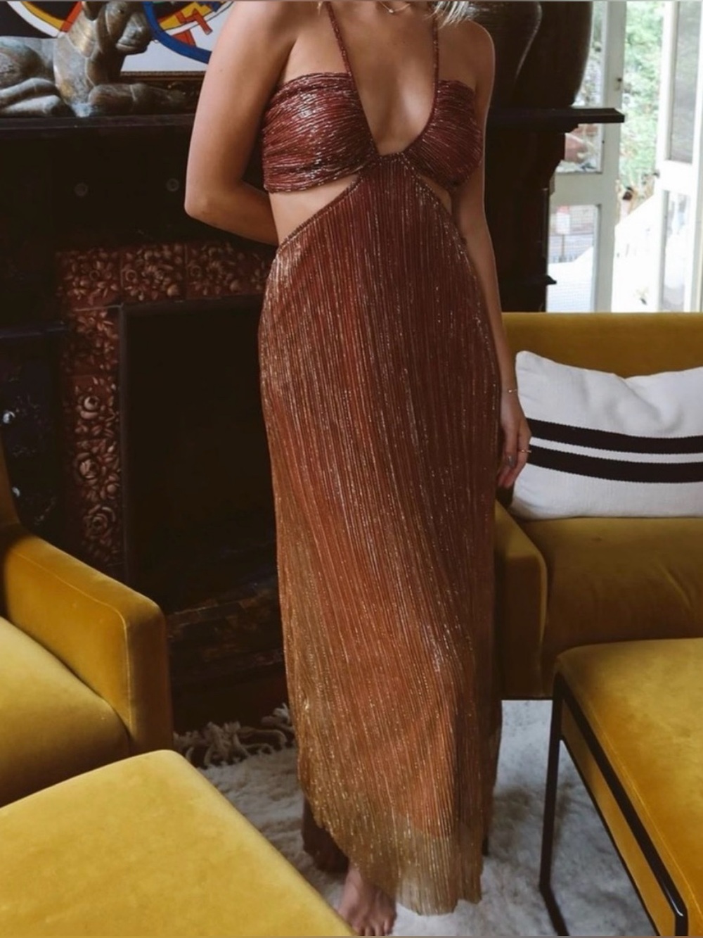 Dress Forum Rust Metallic Pleated Cutout Midi Dress – Size S